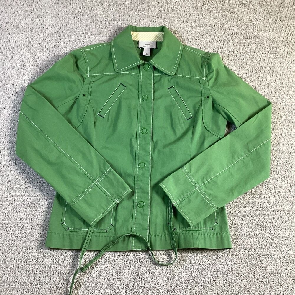 Ann Taylor LOFT Green Utility Jacket Women Size 0 White Stitching Casual